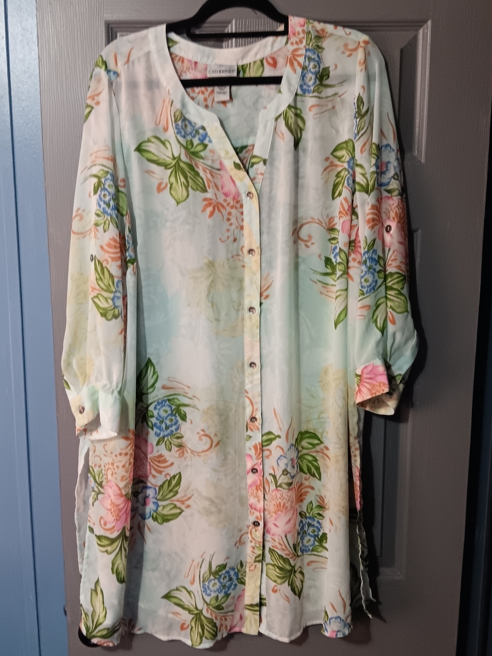 Catherines Mint Floral Blouse with Pink and Orange Accents